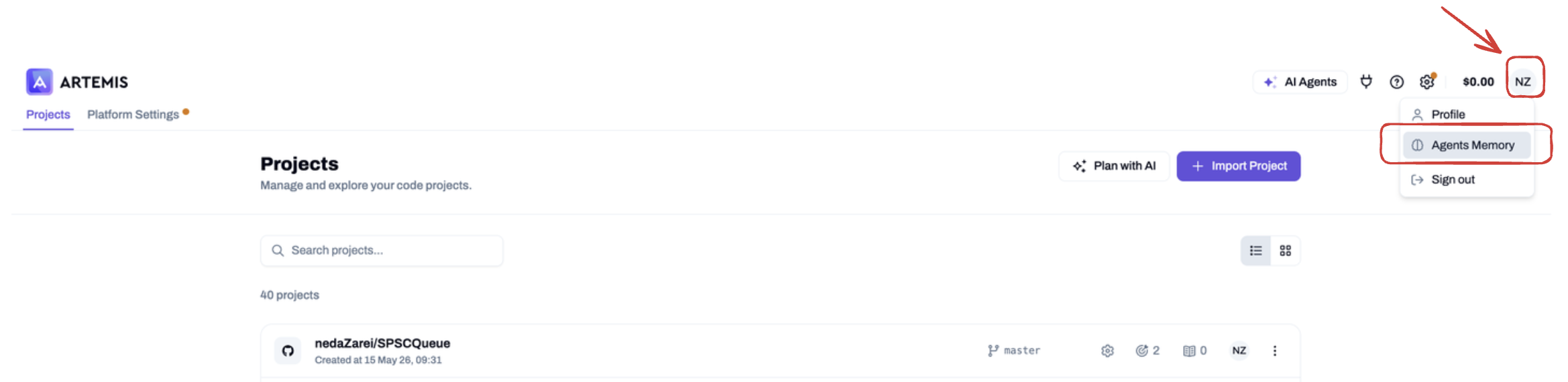 Accessing Agents Memory from the avatar dropdown