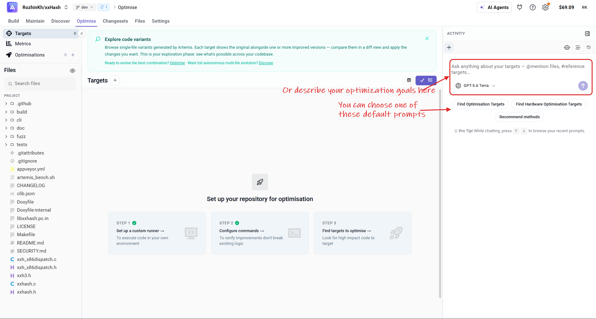 Targets page — describe your goals to the agent