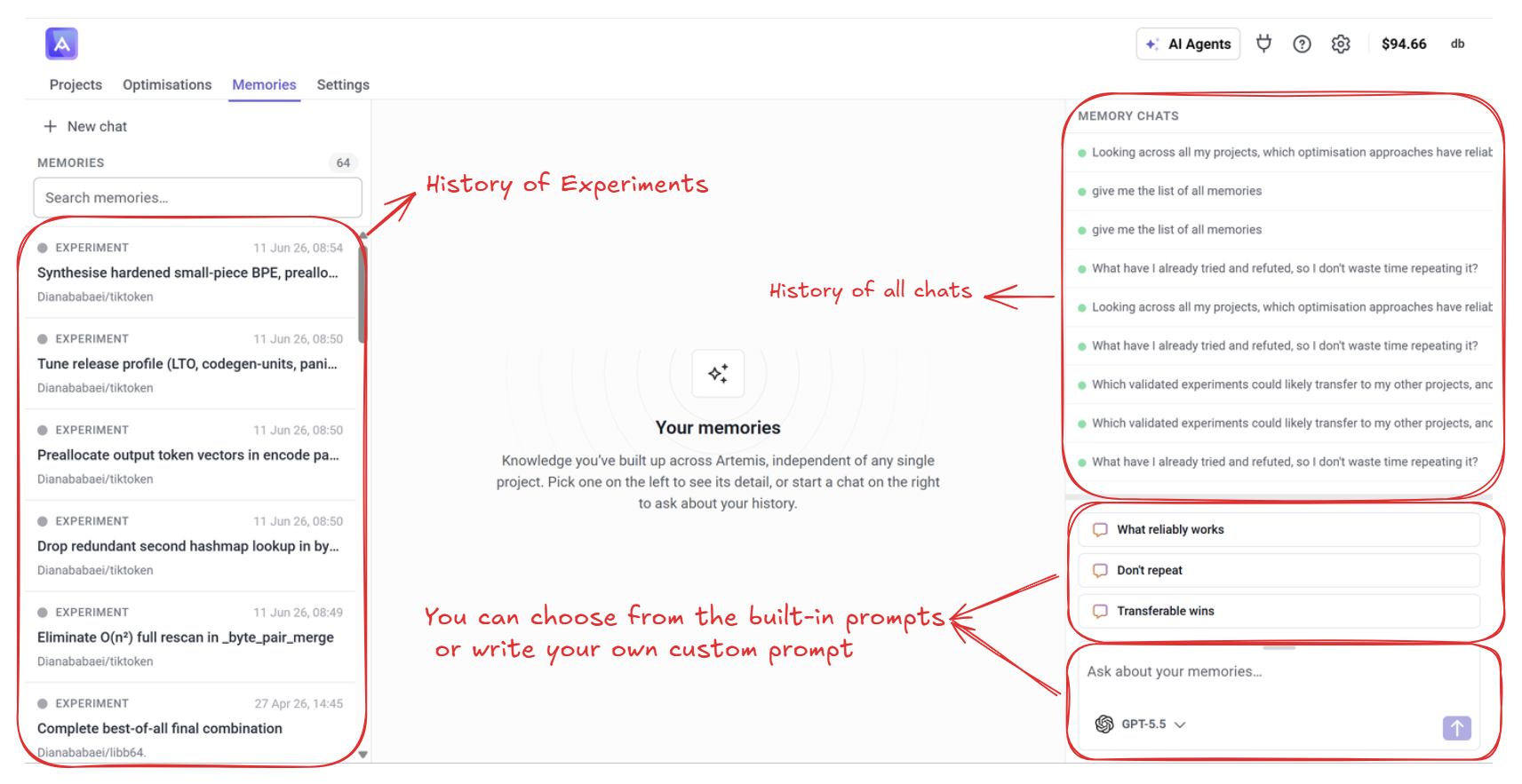 Agents Memory overview — experiment list, chat history, and quick-start prompts
