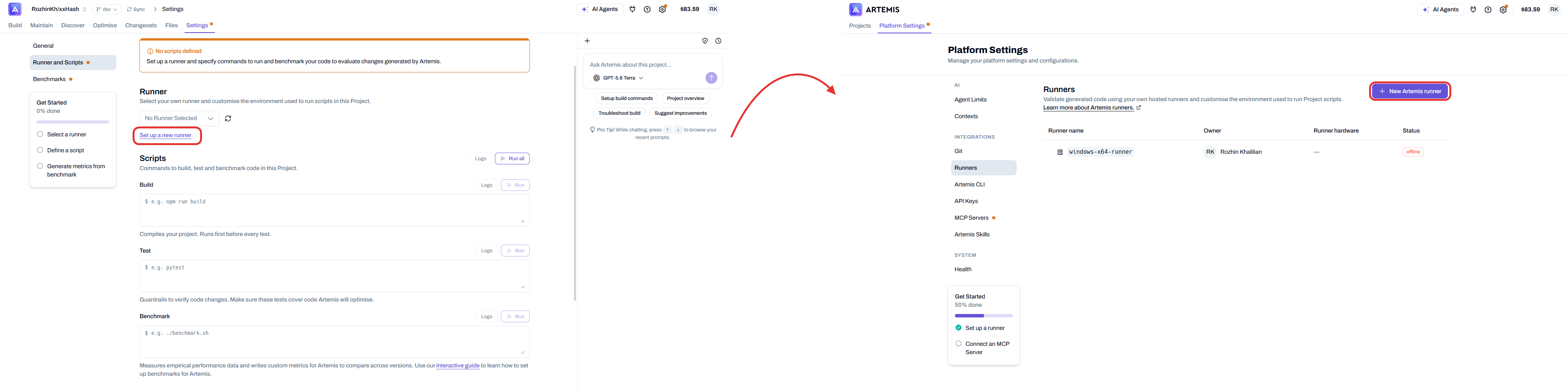 Setting up a new runner: from a project's Runner and Scripts, "Set up a new runner" takes you to Platform Settings, Runners, where you click "New Artemis runner"