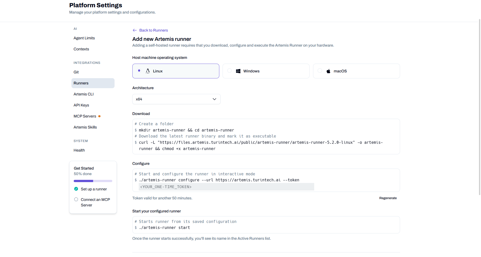 Add new Artemis runner — download command generator