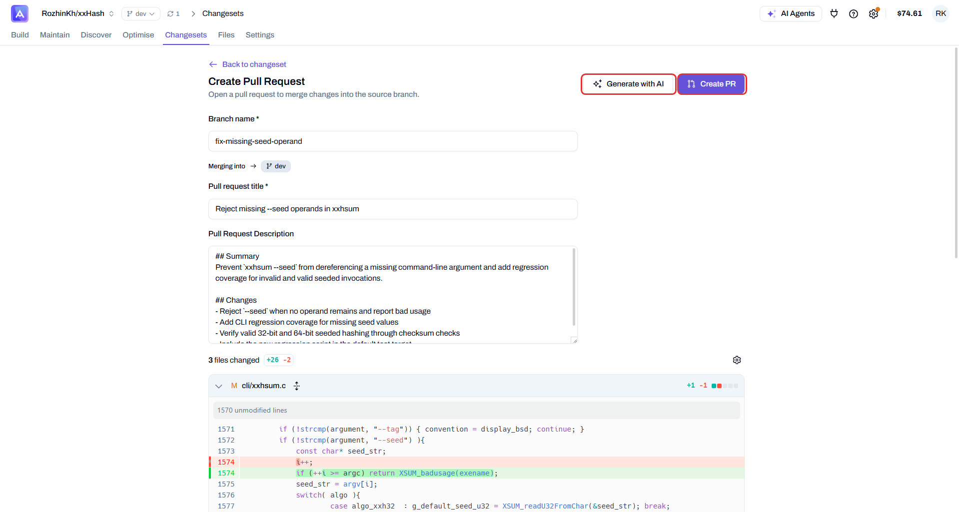 Create Pull Request — Generate with AI fills the fields, Create PR opens it