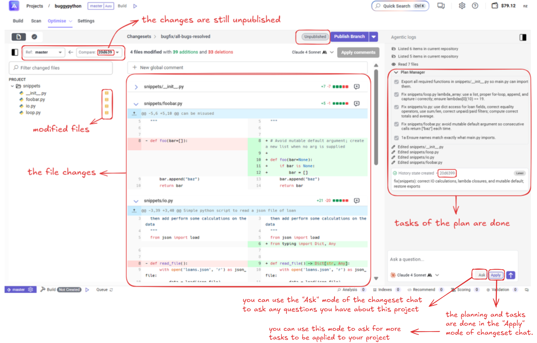 Changeset file changes and results