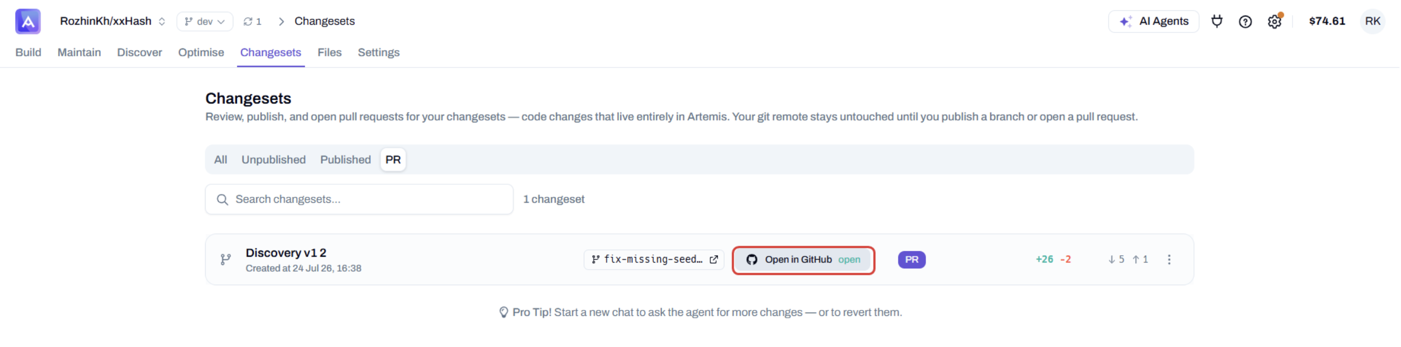 The PR filter, with Open in GitHub highlighted