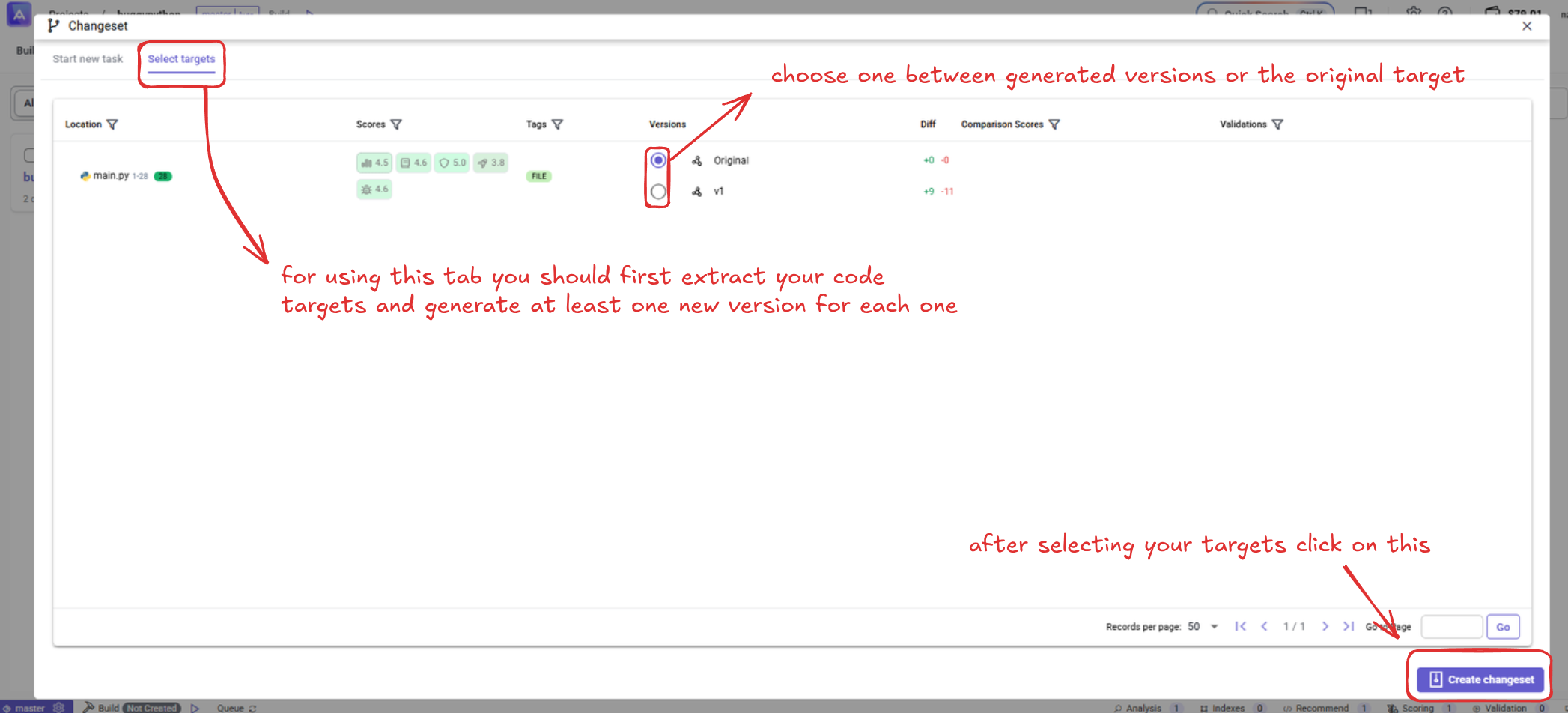 Changeset select targets