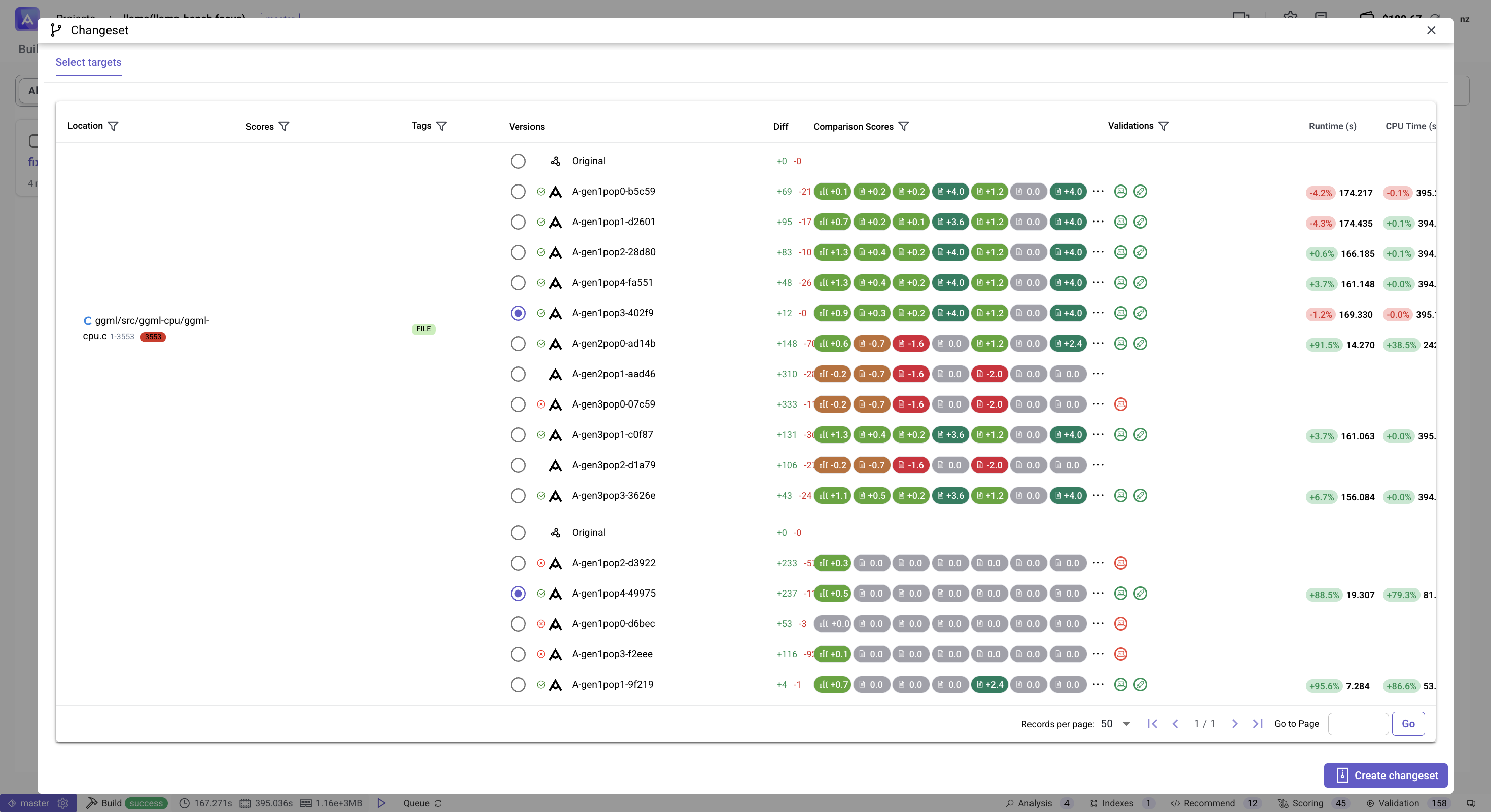 Changeset select targets