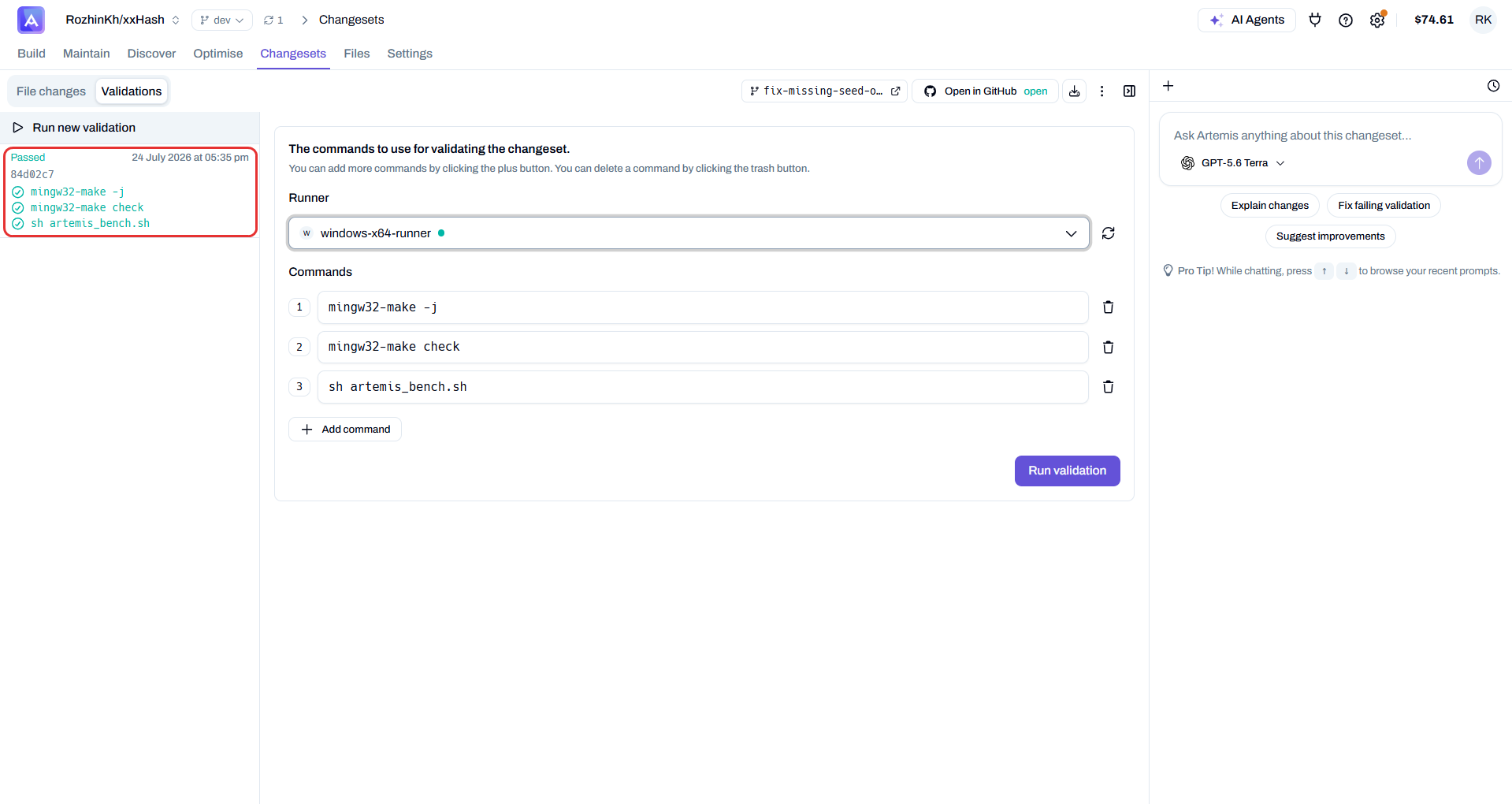 Validation history in the left panel