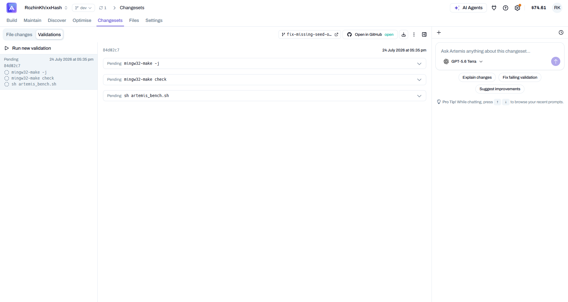 Validation results — each command passed, with logs