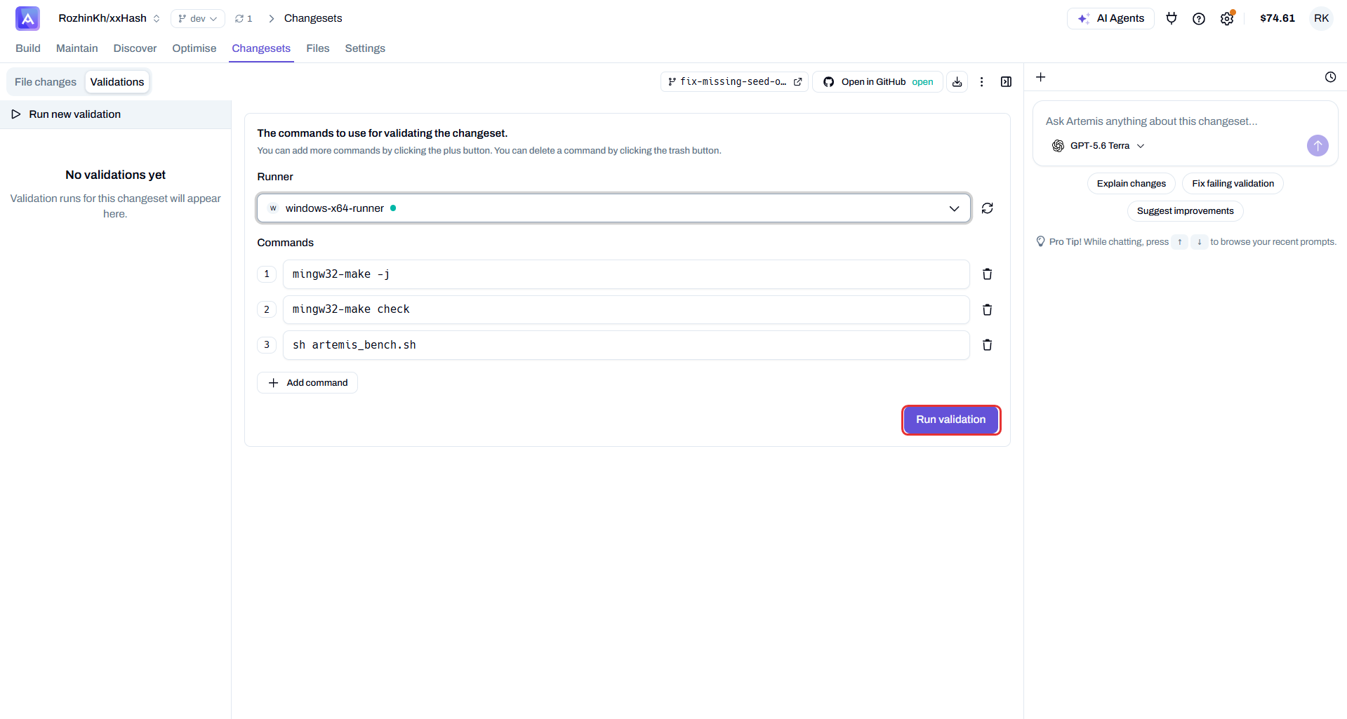 Validation setup — pick a runner and commands, then Run validation