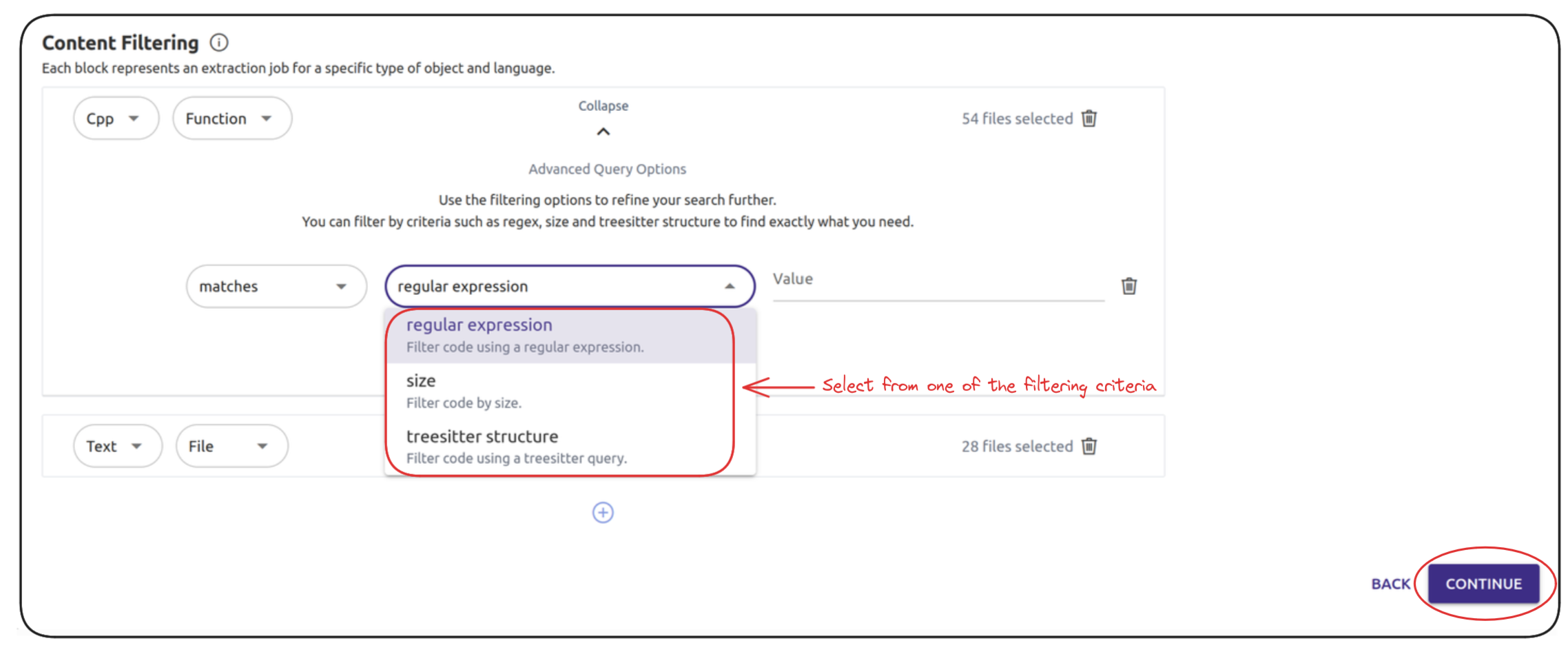 Content filtering expand options