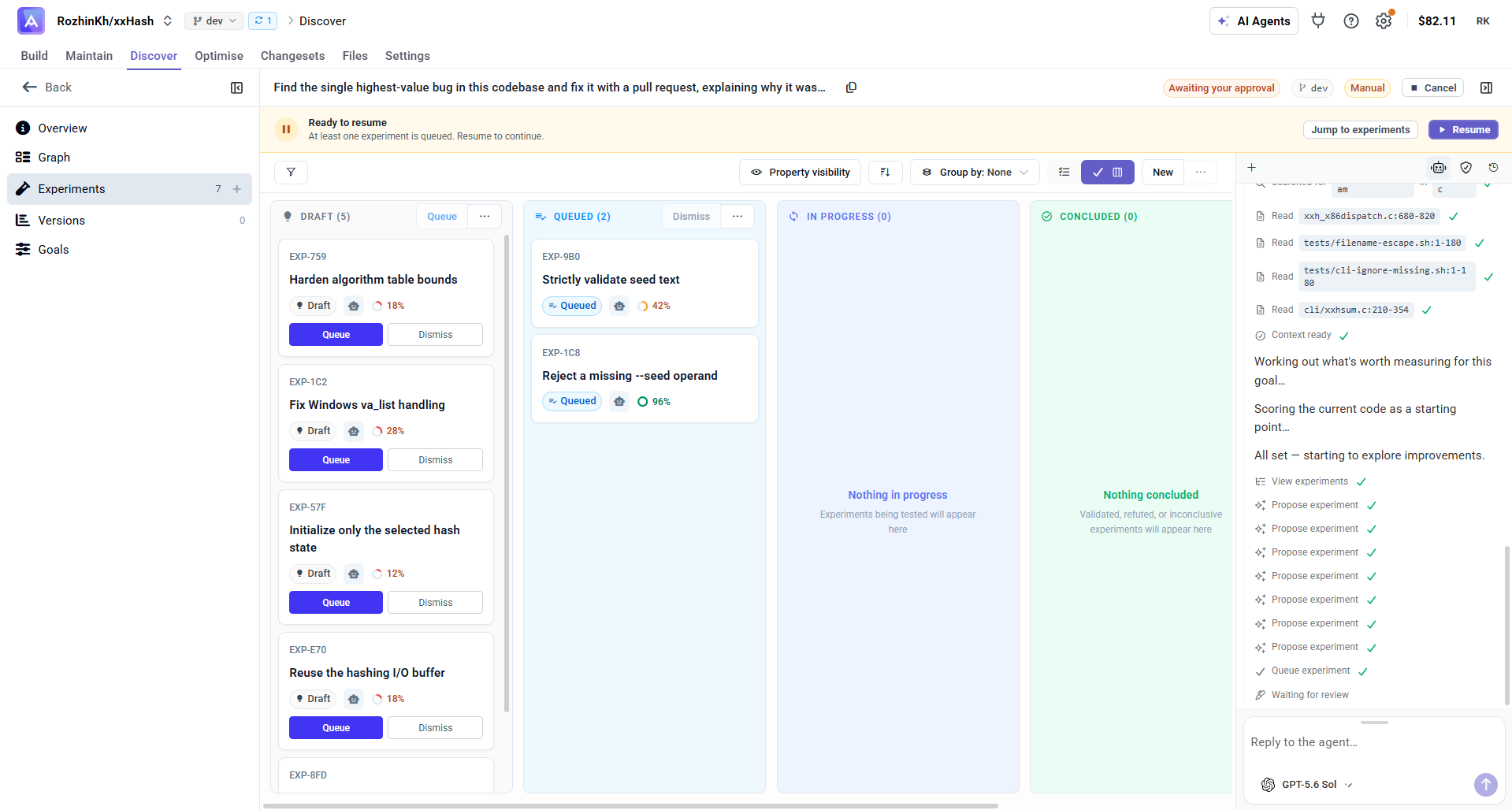 Experiments board — Draft and Queued columns