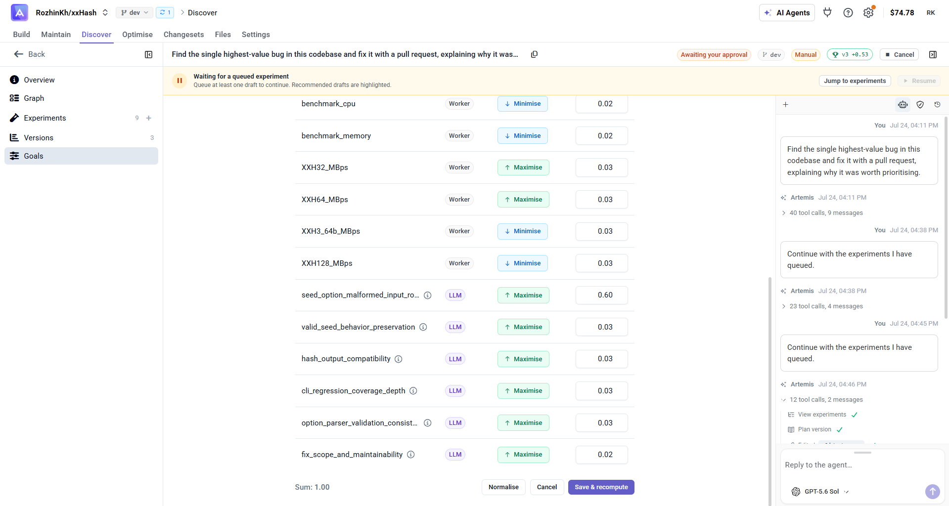 The Goals table — metrics, type, direction, and weights