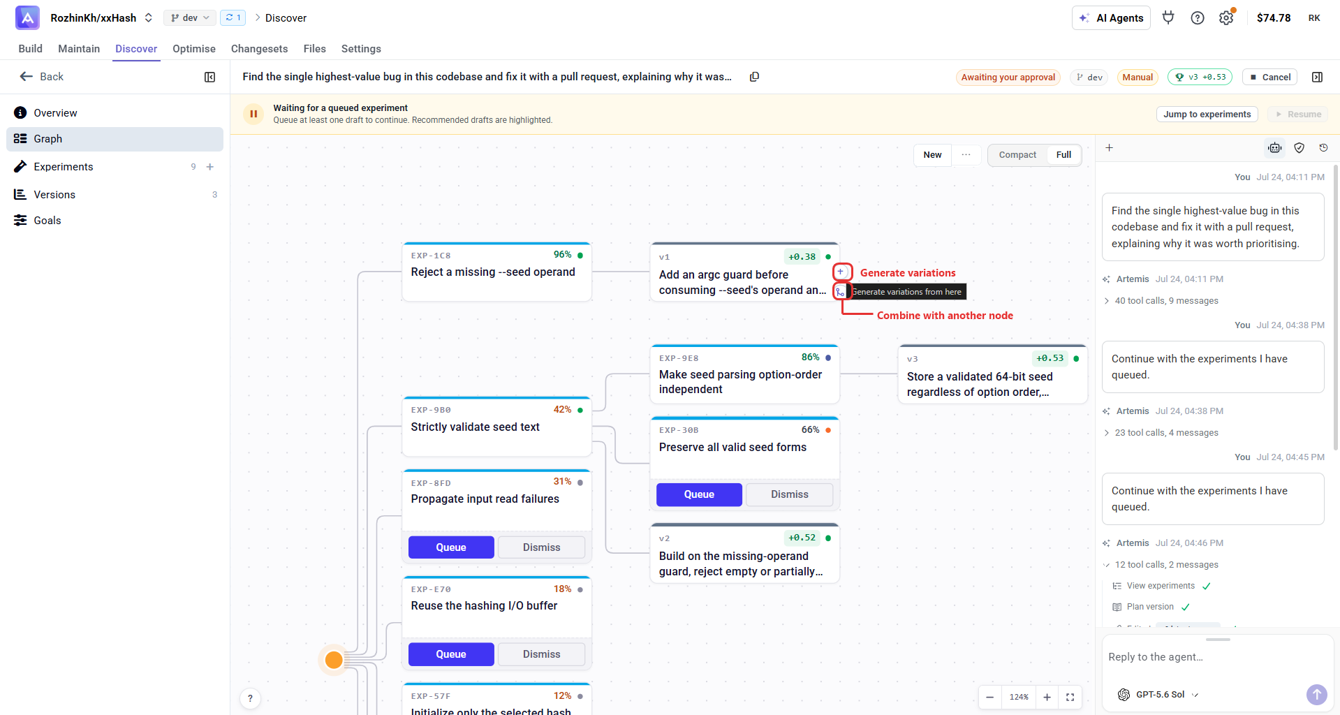 Version node actions: Generate variations and Combine
