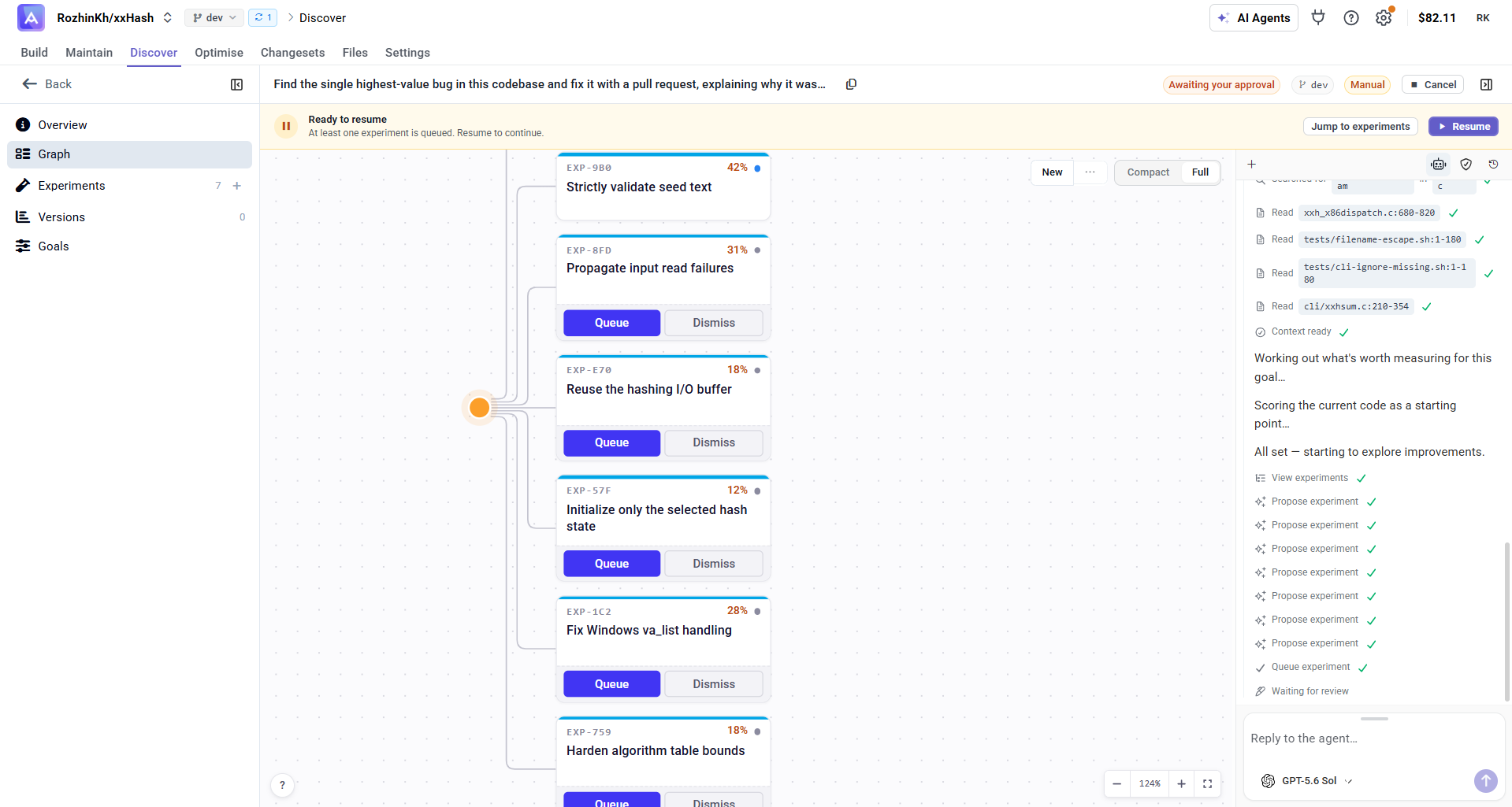 Draft experiments in the Graph, each with Queue and Dismiss