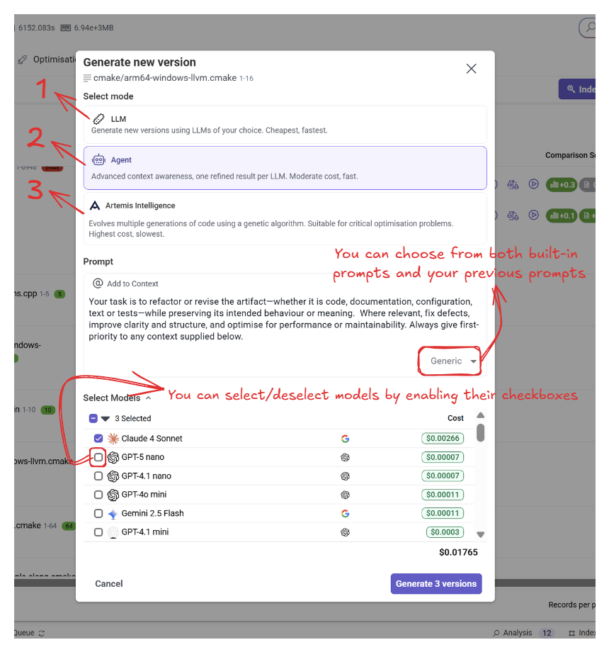 Versions LLM options