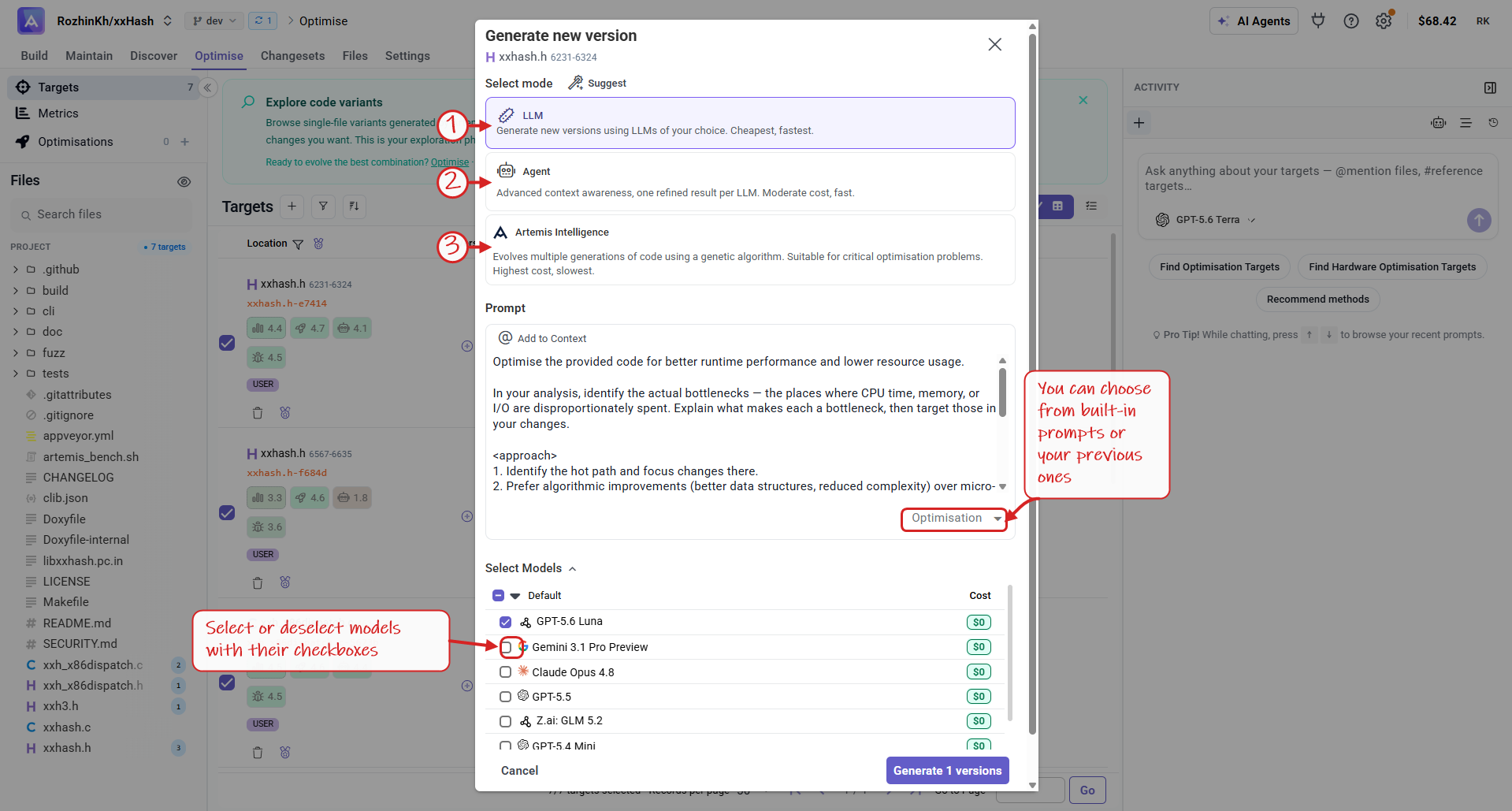 Generate new version dialog
