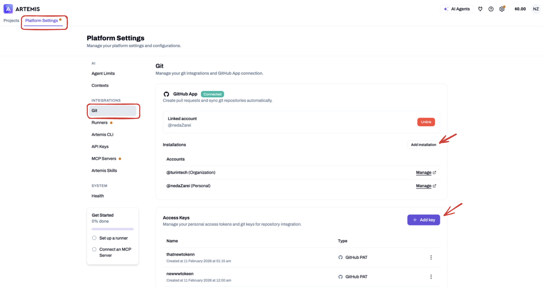 Git settings page