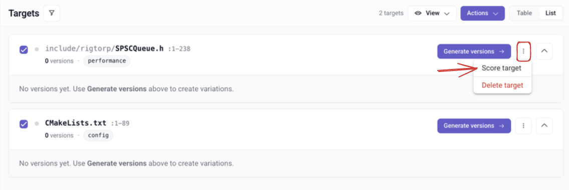 Score targets from list view