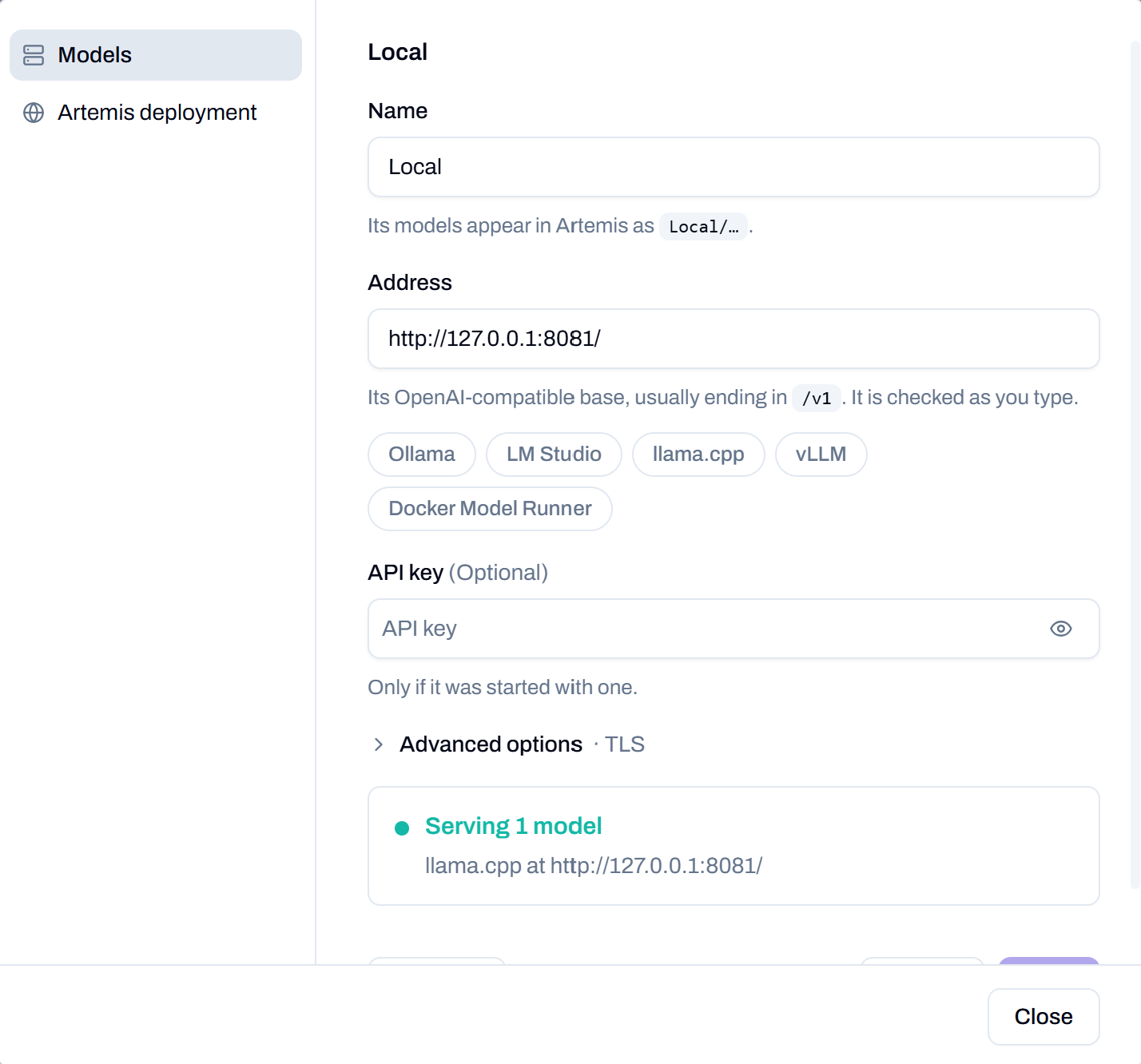 Self-Hosted source configuration in Artemis Desktop