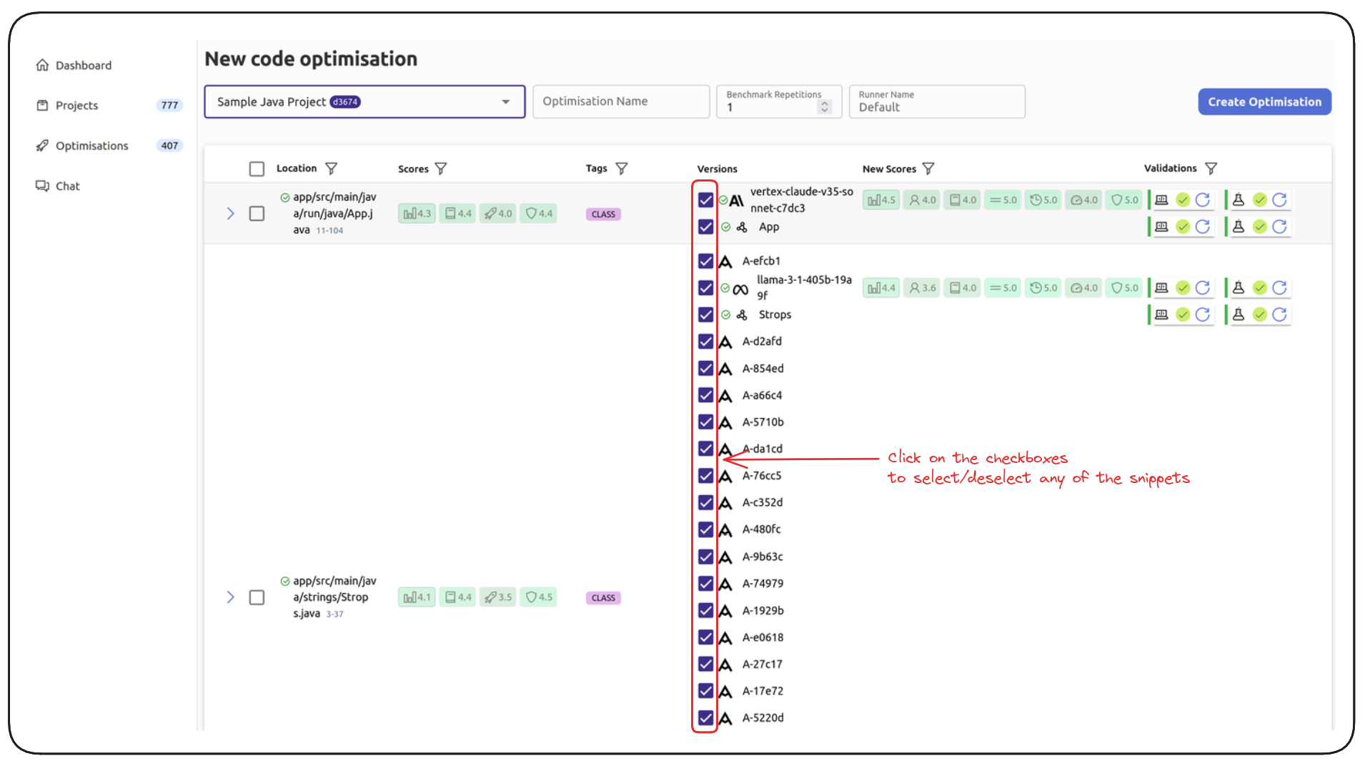 New code optimisation select snippets