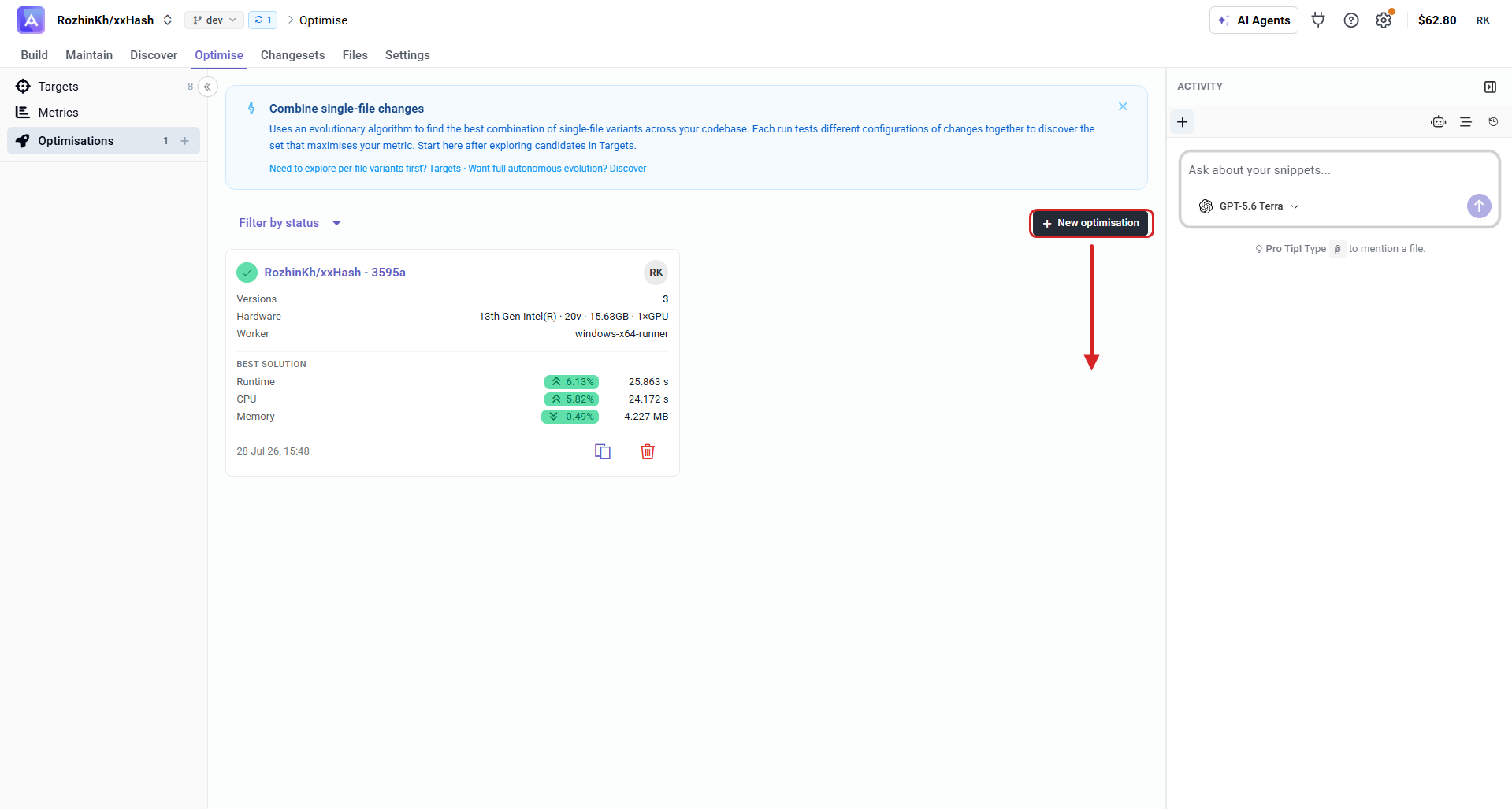 New optimisation from the Optimisations tab
