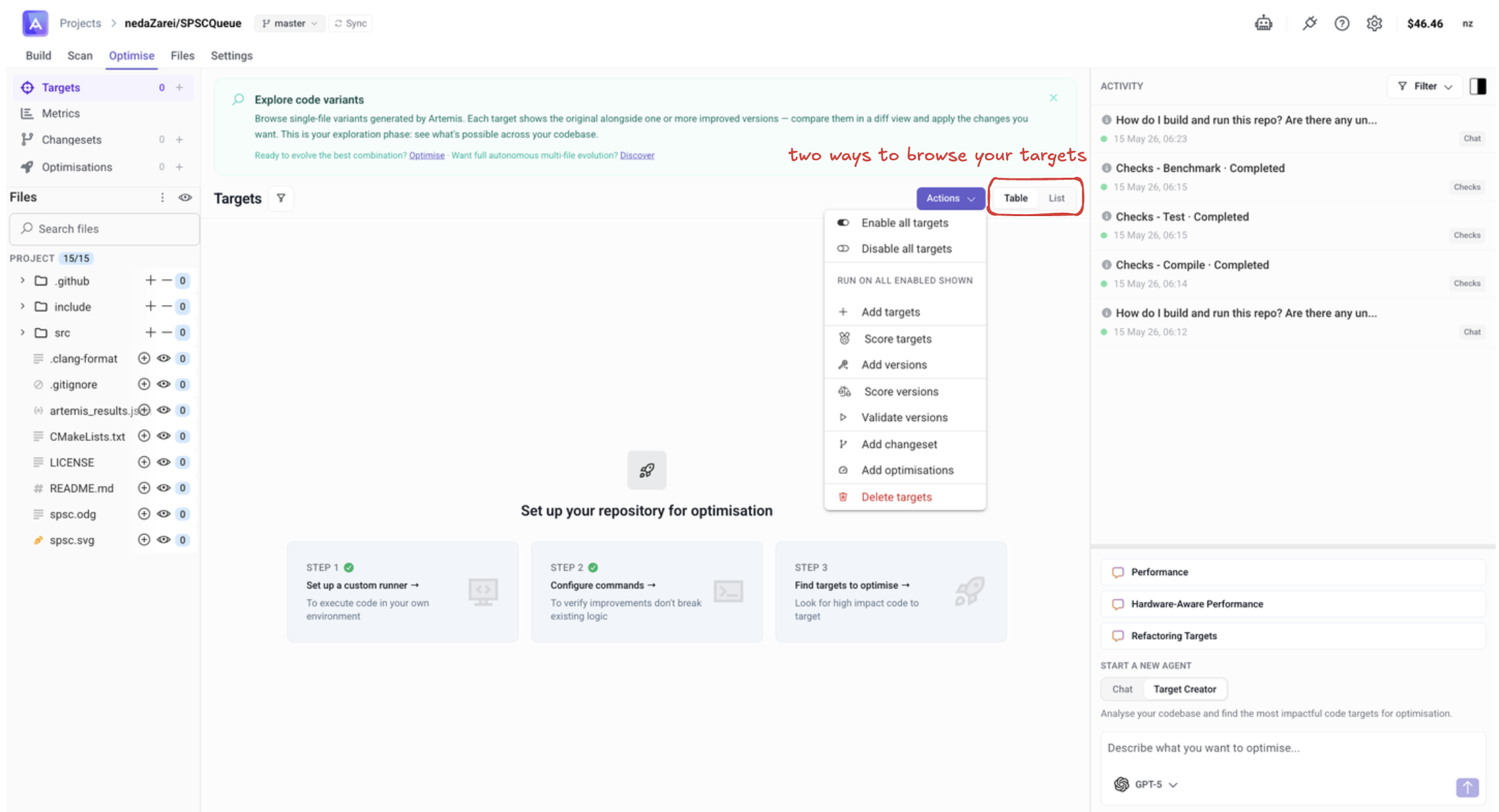 Targets page — Explore code variants