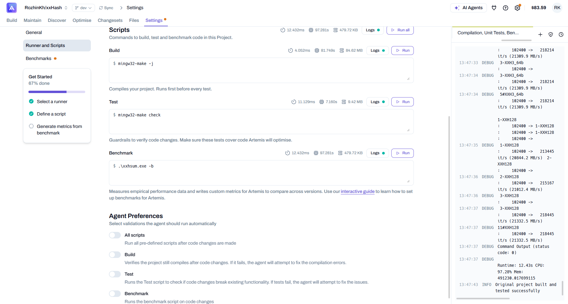 Build and Test scripts running successfully on a connected runner