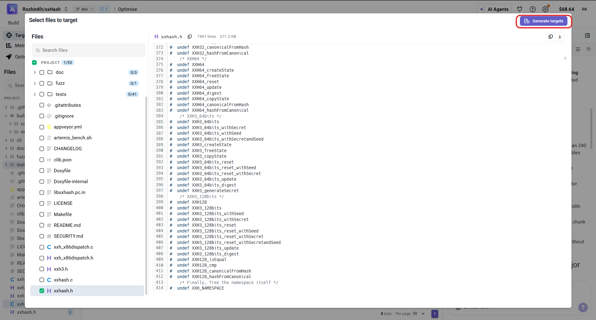 Select files to target