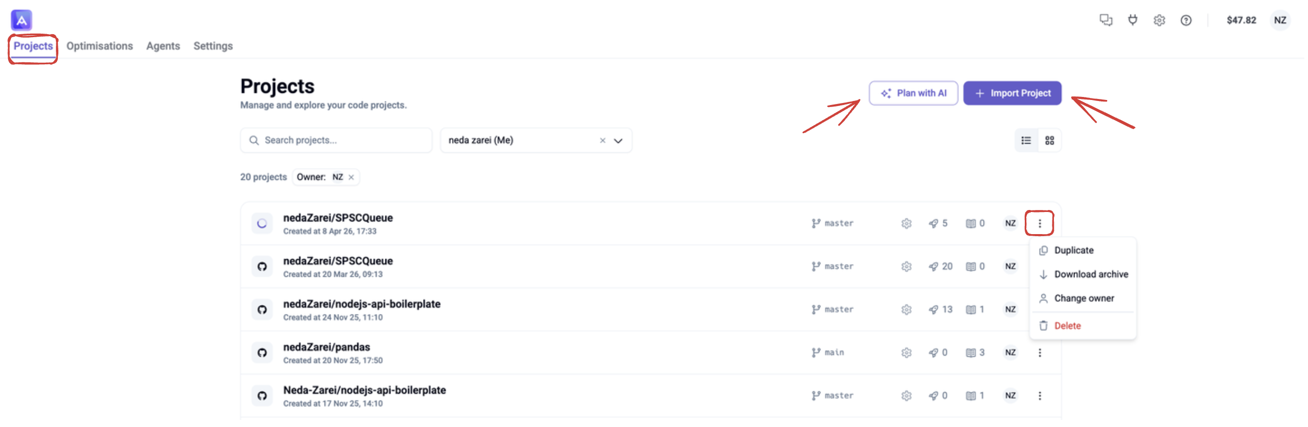 Projects page with Import Project and Plan with AI options