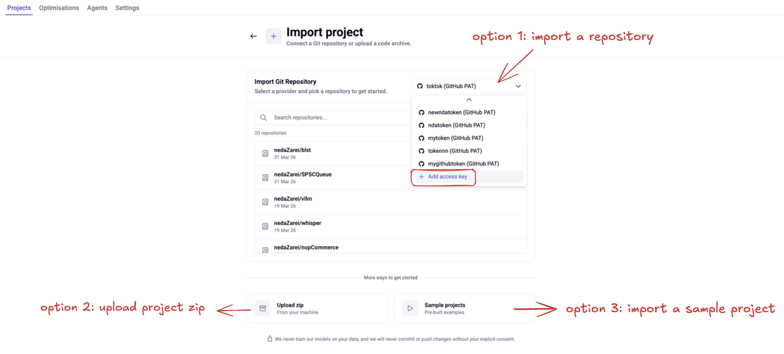 Import Project page
