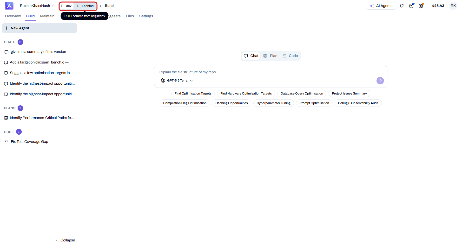 Branch sync indicator — click to pull the latest commits