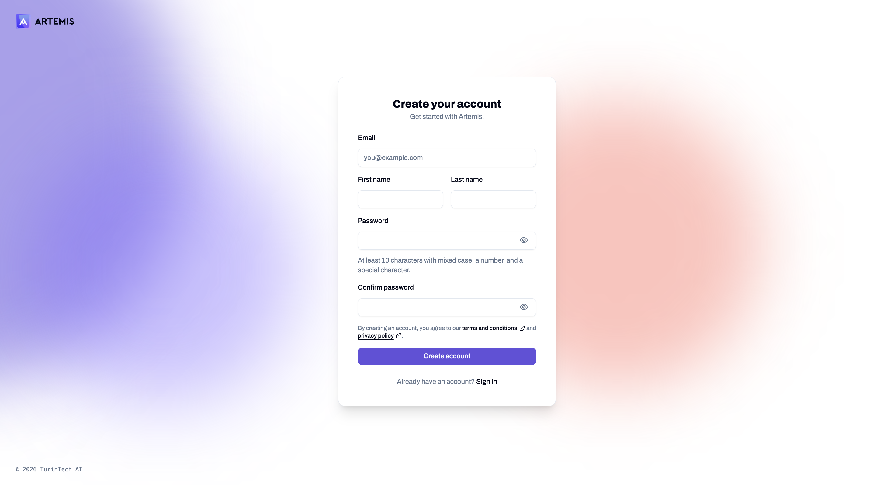 Artemis sign up form