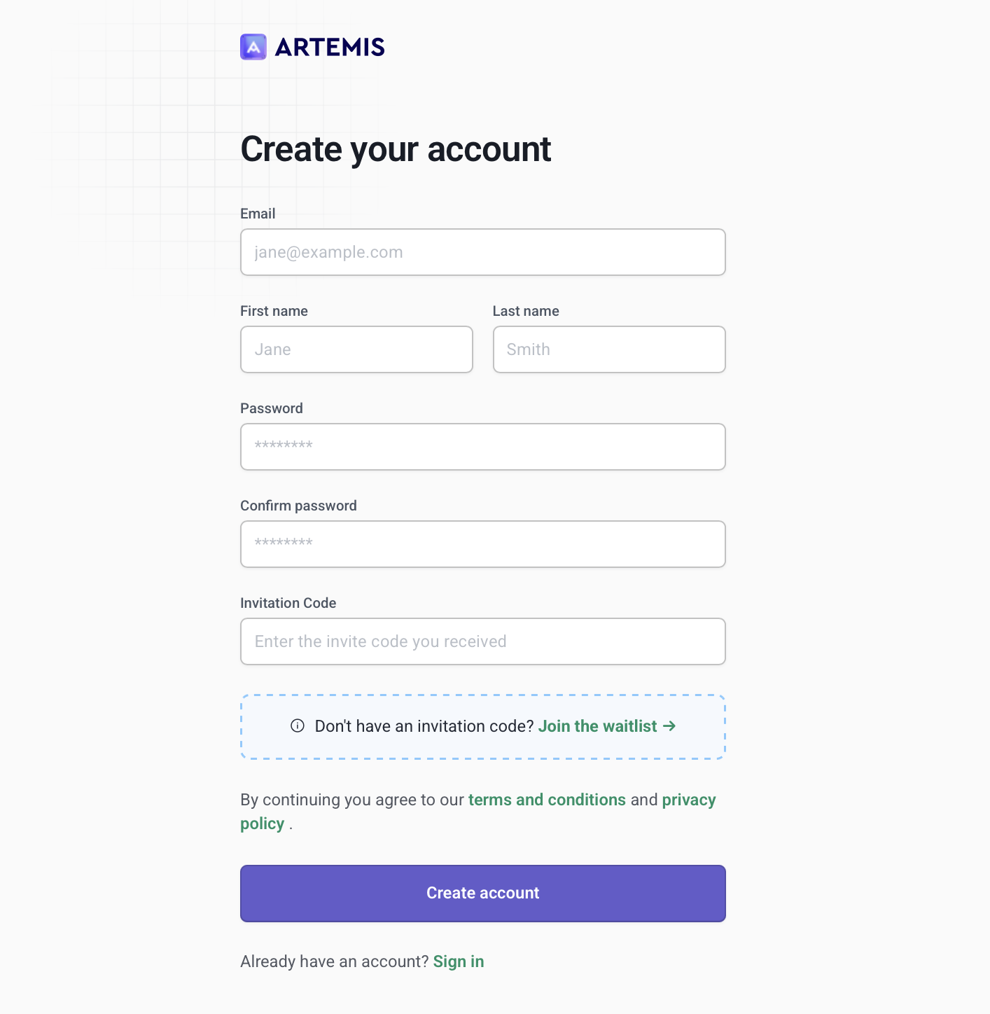 Artemis sign up form