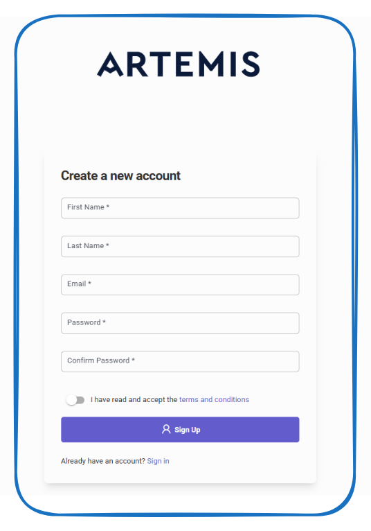 Artemis sign up form