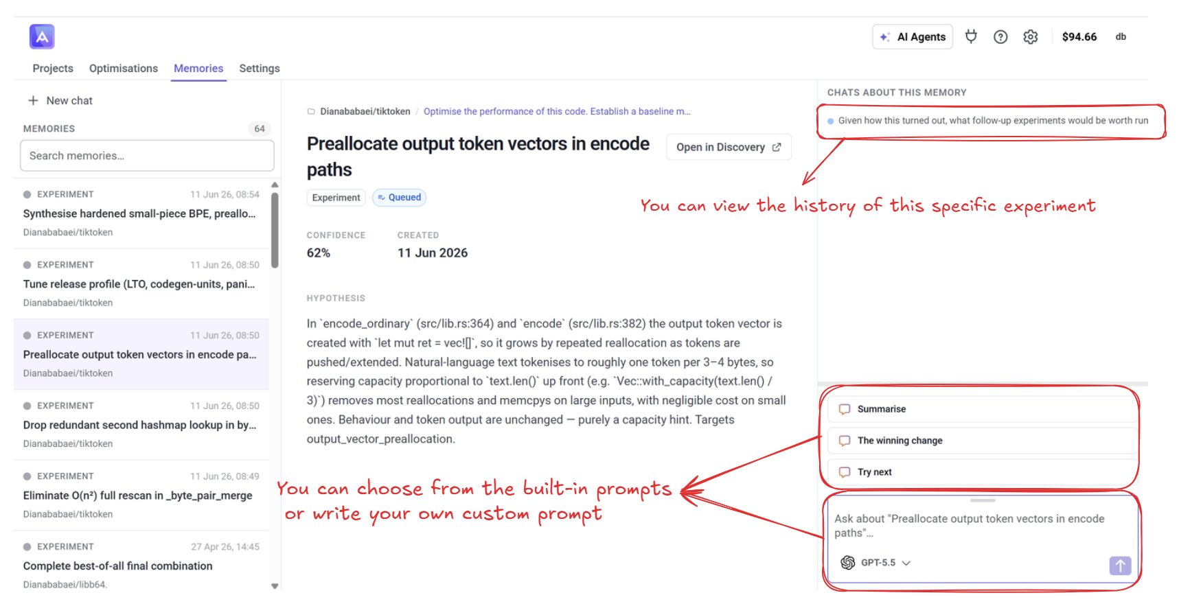 Experiment detail view with hypothesis, status, and scoped chat