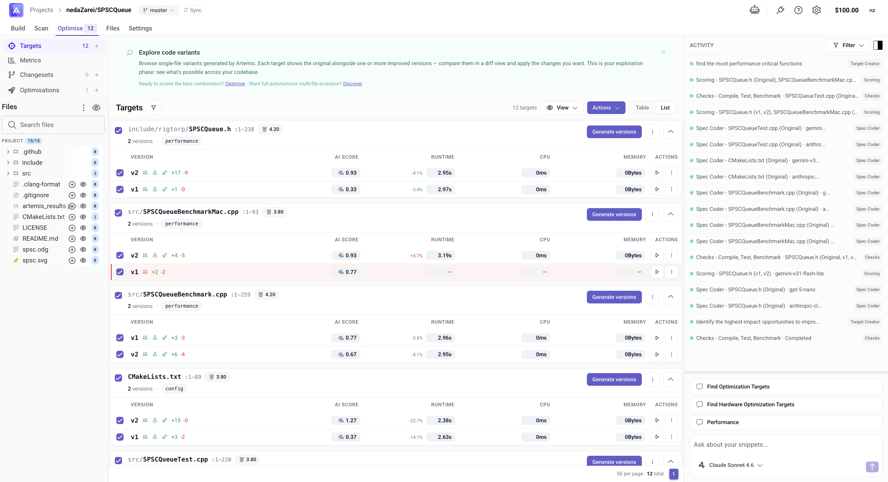 Targets page — List view