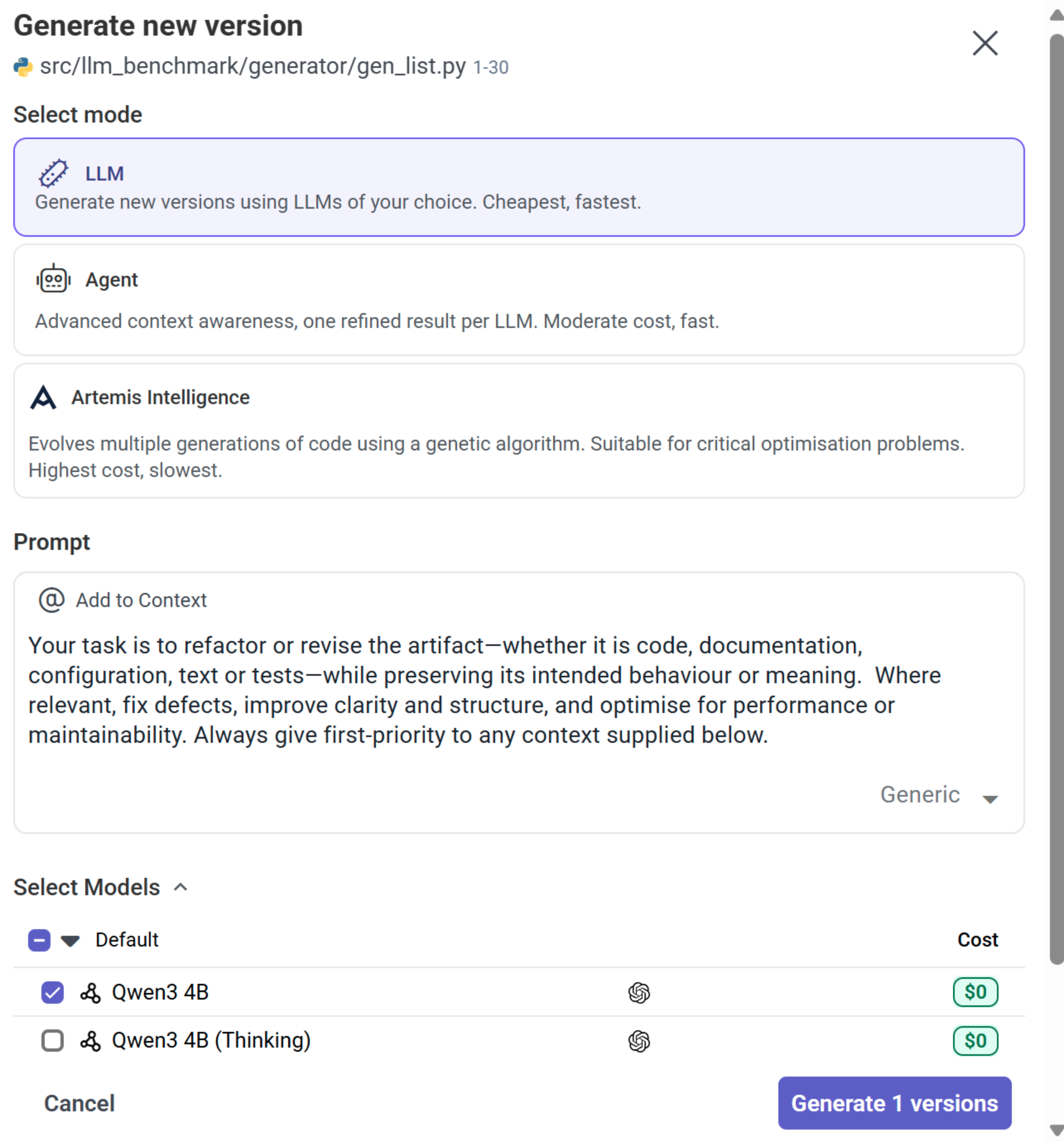 Configure a one-shot update with Qwen 3 4B