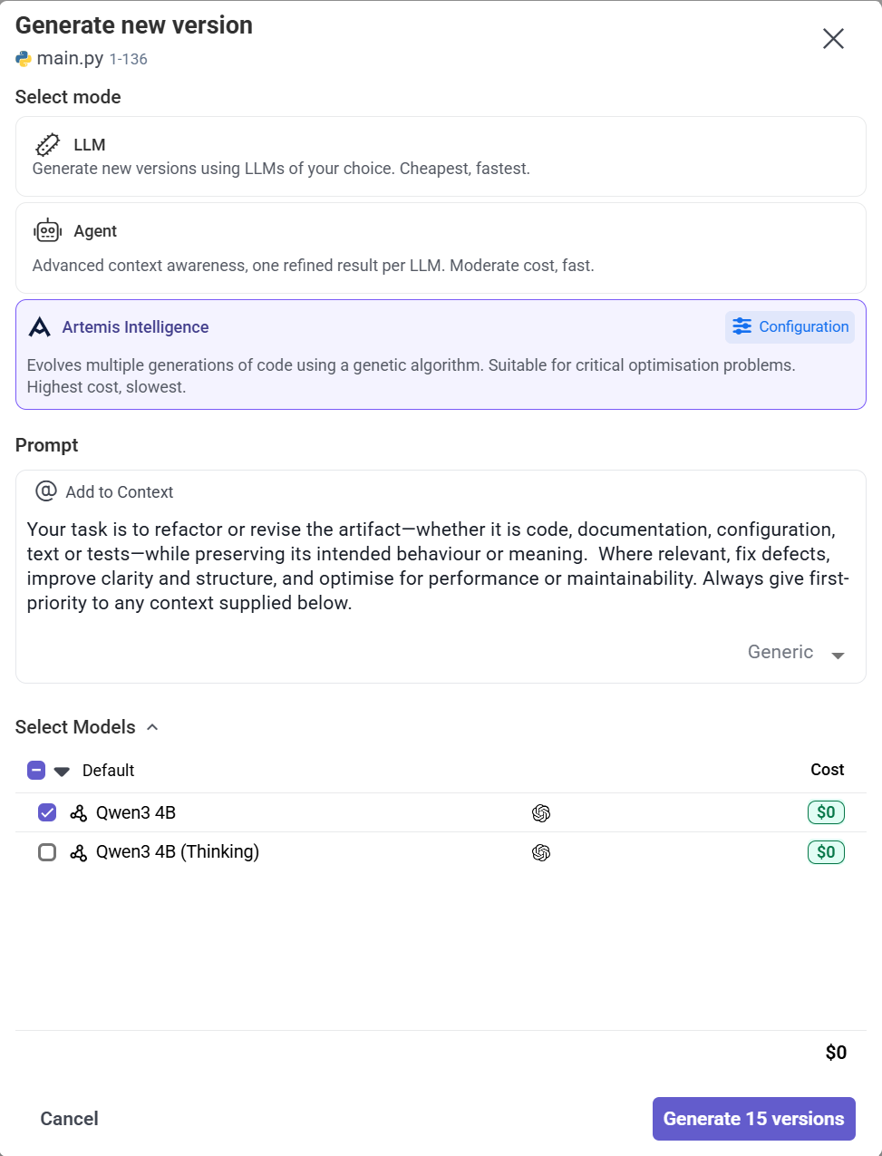 Launch Artemis Intelligence for the target