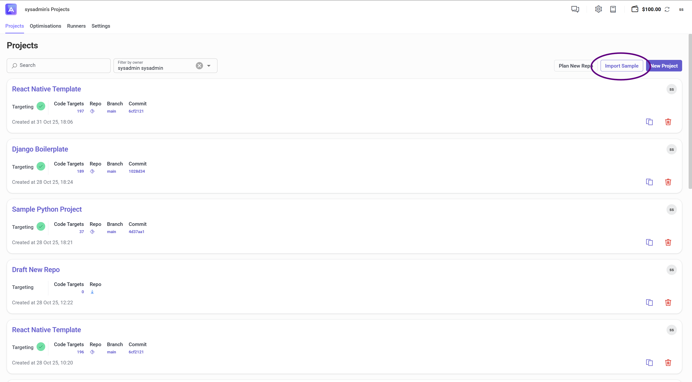 Select a sample project to import