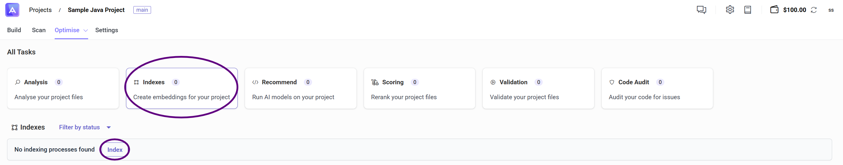 Click Index to start indexing