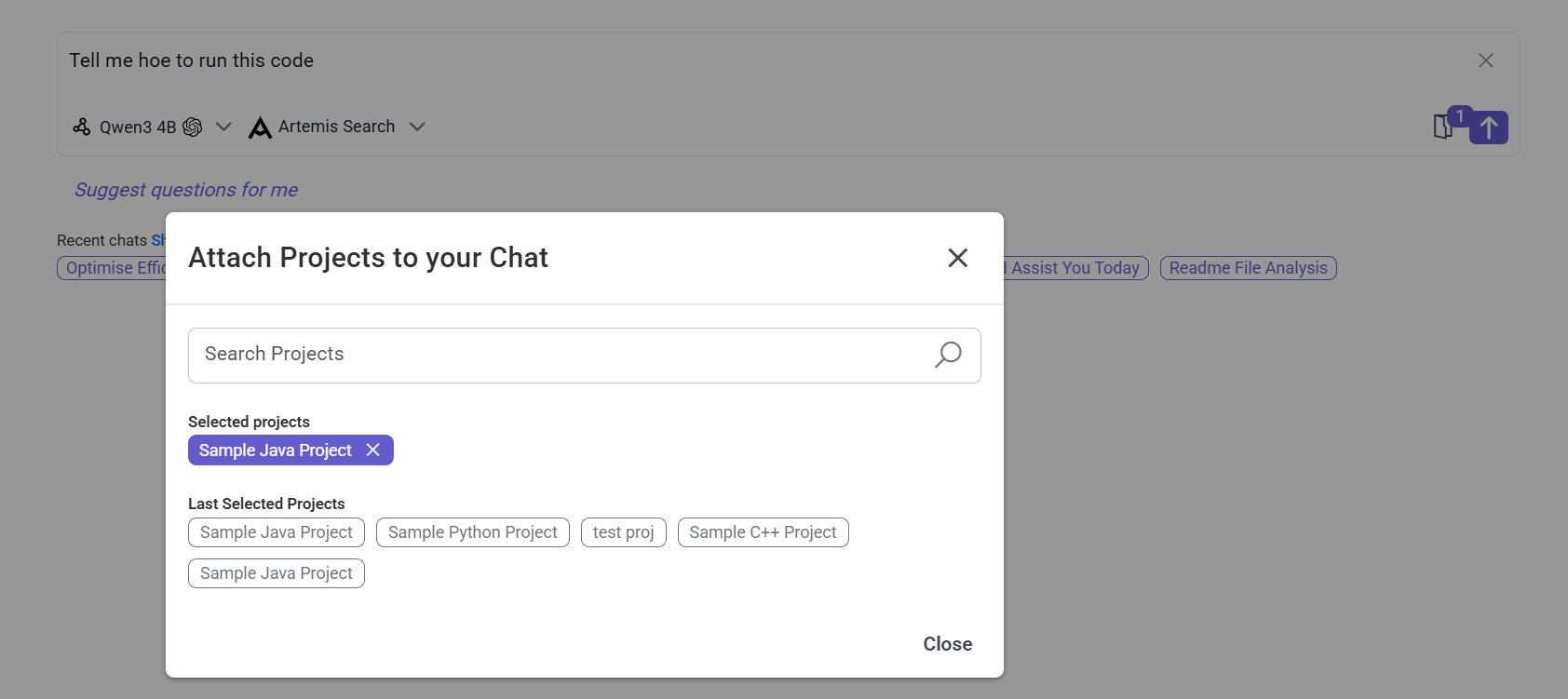 Select multiple projects popup